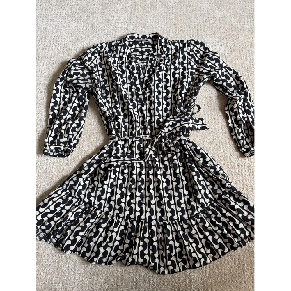 Zara Mini Dress M Black White Geometric Belted Ruffle Minimalist Parisian Retro